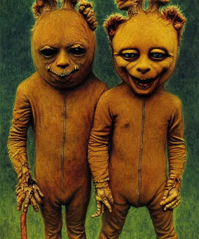 Prompt: a detailed creepy zippy bungle and george, characters from uk children's tv show rainbow! perfect faces, extremely high details, realistic, fantasy art, solo, masterpiece, art by zdzislaw beksinski, arthur rackham, dariusz zawadzki, hermann nitsch