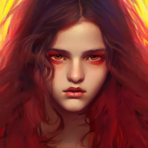 Image similar to colorful and festive captivating teenager with straight brown hair covering his eye, dark skin, big lips, big eyes, wearing a red t - shirt. rich vivid colors, ambient lighting, dynamic lighting, 4 k, atmospheric lighting, painted, intricate, highly detailed by charlie bowater