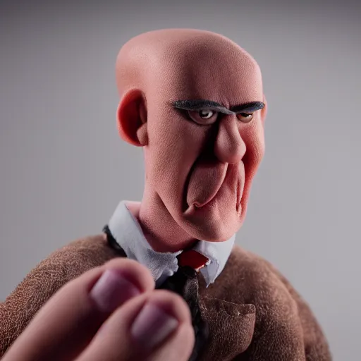 Prompt: a portrait of an angry man in the style of claymation, stop motion, with studio lighting with a 7 5 mm lens.
