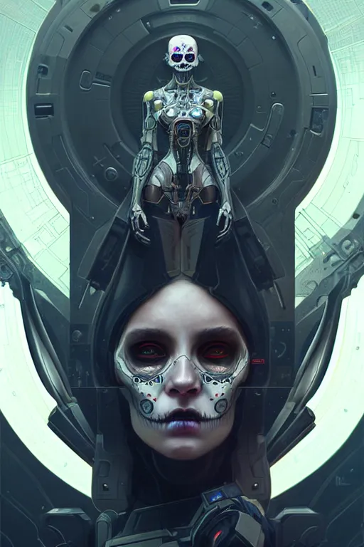 Prompt: ultra detailed Female Android, scifi, fantasy, octane render, (dia de los muertos), asymmetrical, intricate concept art, art by Godmachine and michael welan and DZO and greg rutkowski and alphonse mucha and loish and WLOP