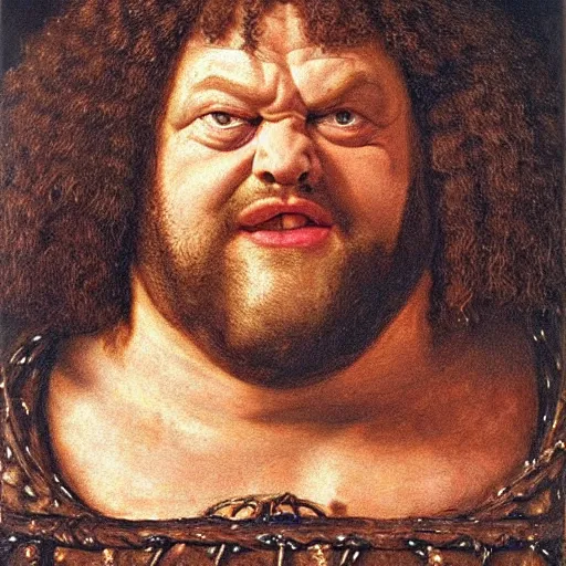 Image similar to portrait of hulking herculean bodybuilder hagrid, oil painting by jan van eyck, northern renaissance art, oil on canvas, wet - on - wet technique, realistic, expressive emotions, intricate textures, illusionistic detail