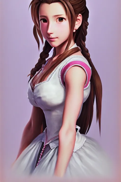 Prompt: subject : detailed full body portrait illustration of aerith gainsborough perfect face, medium : oil on canvas, style : realistic pose study portrait, maximalist, accurate, full color chiaroscuro artist : tetsuya nomura, 4 k, focus : full body and head