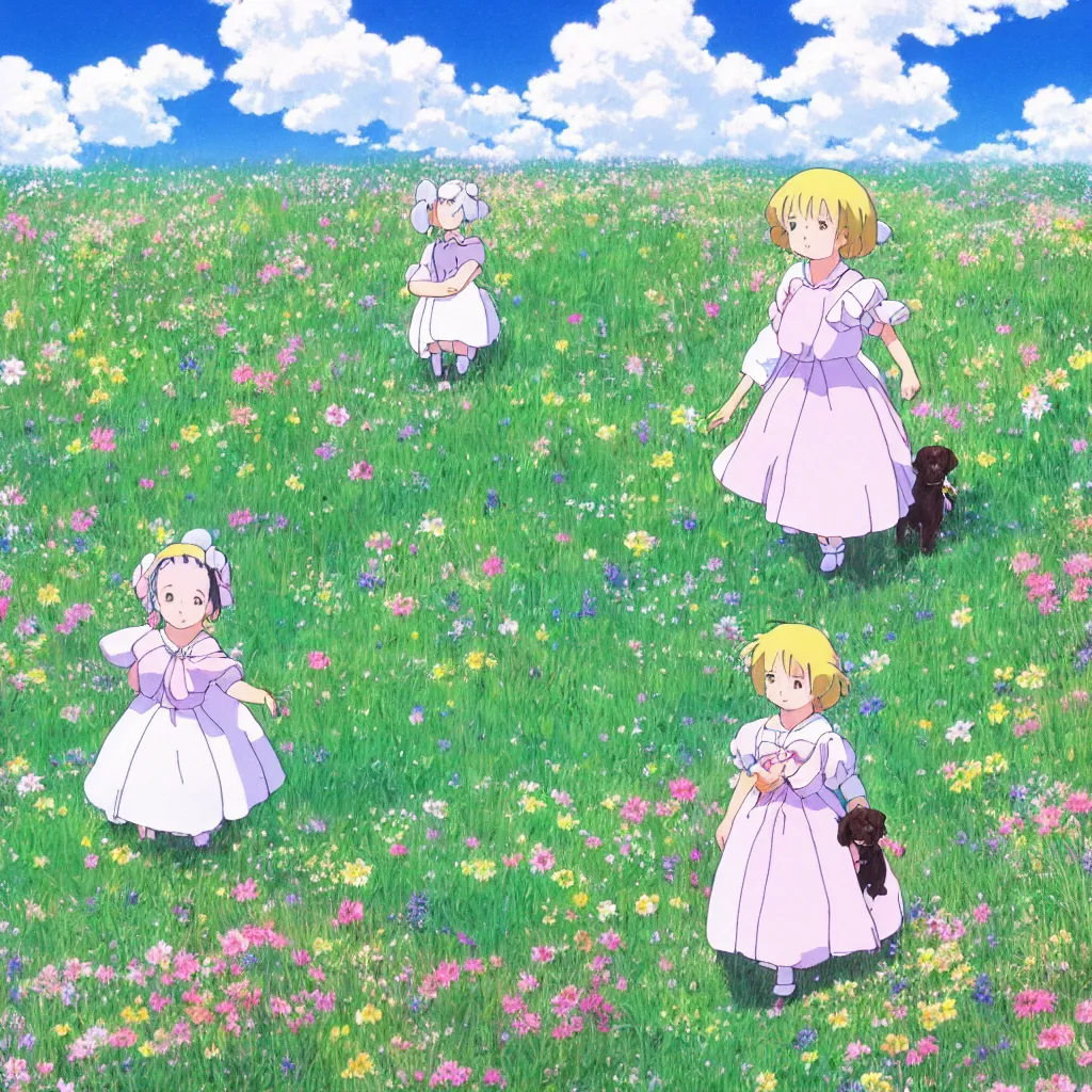 Prompt: little girl in princess dress with her puppy, walking through a field of flowers, puffy clouds, beautiful, summer, calm, studio ghibli, art by hayao miyazaki, makoto shinkai