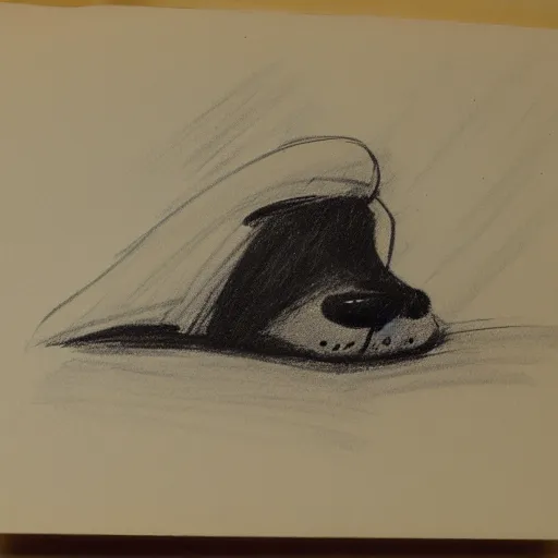 Prompt: milt kahl sketch of a puppy wearing a night cap in bed