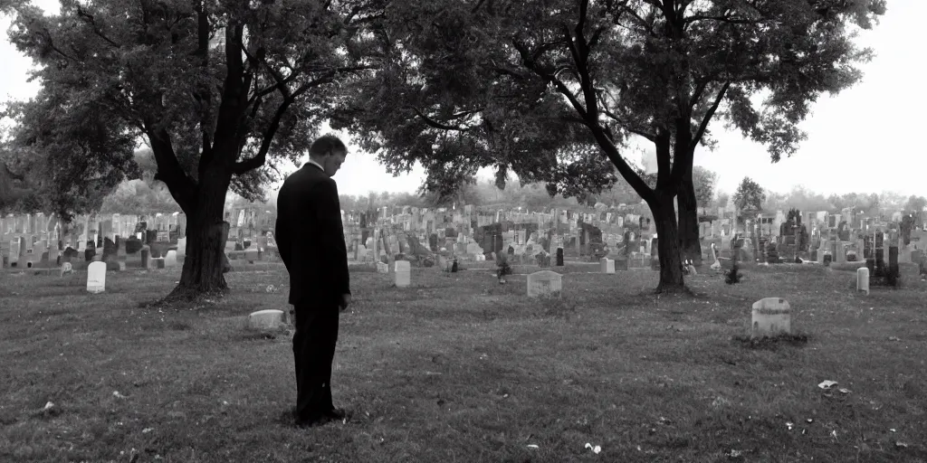 Image similar to Photo of a lone man in a black suit standing in a cemetery, bad weather