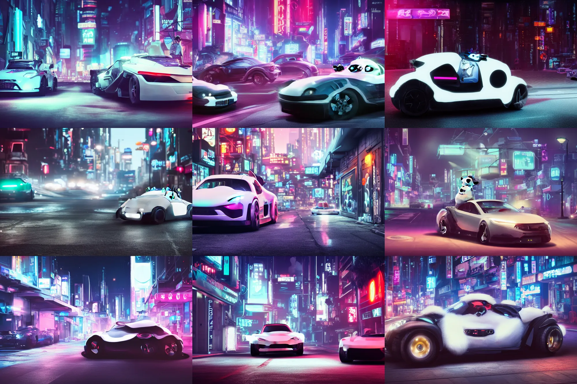 Prompt: a cool roadster with white fur body parking in the street, a huge fluffy panda robot in the background, Cyberpunk, neon light, 4k, hd, highly detailed