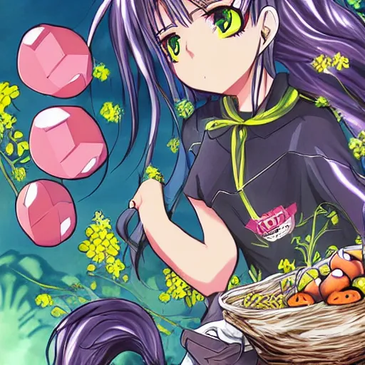 Image similar to detailed anime art for the Central Pork Superheroes, female emo catgirl superheroes, pigs, berries, crystals, weeds, bagels, lightning