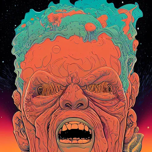 Image similar to portrait of head melting into another one, lava, laugh and surprise, by josan gonzales and Dan Mumford