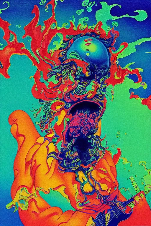 Prompt: a colorful vibrant closeup portrait of a Led Zeppelin licking a tab of LSD acid on his tongue and dreaming psychedelic hallucinations, by kawase hasui, moebius, Edward Hopper and James Gilleard, Zdzislaw Beksinski, Steven Outram colorful flat surreal design, hd, 8k, artstation