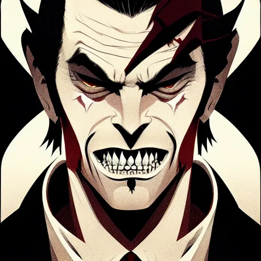 Image similar to handsome vampire king with fangs, symmetrical face, evil, portrait, cinematic, dramatic, powerful, super detailed and intricate, by koson ohara, by darwyn cooke, by greg rutkowski, by satoshi kon