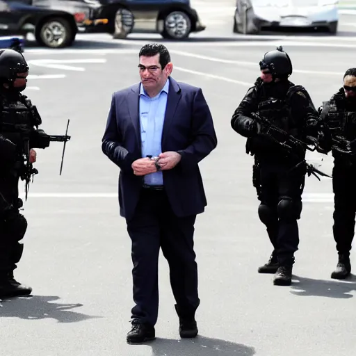 Image similar to evil dan andrews melbourne premier surrounded by swat team