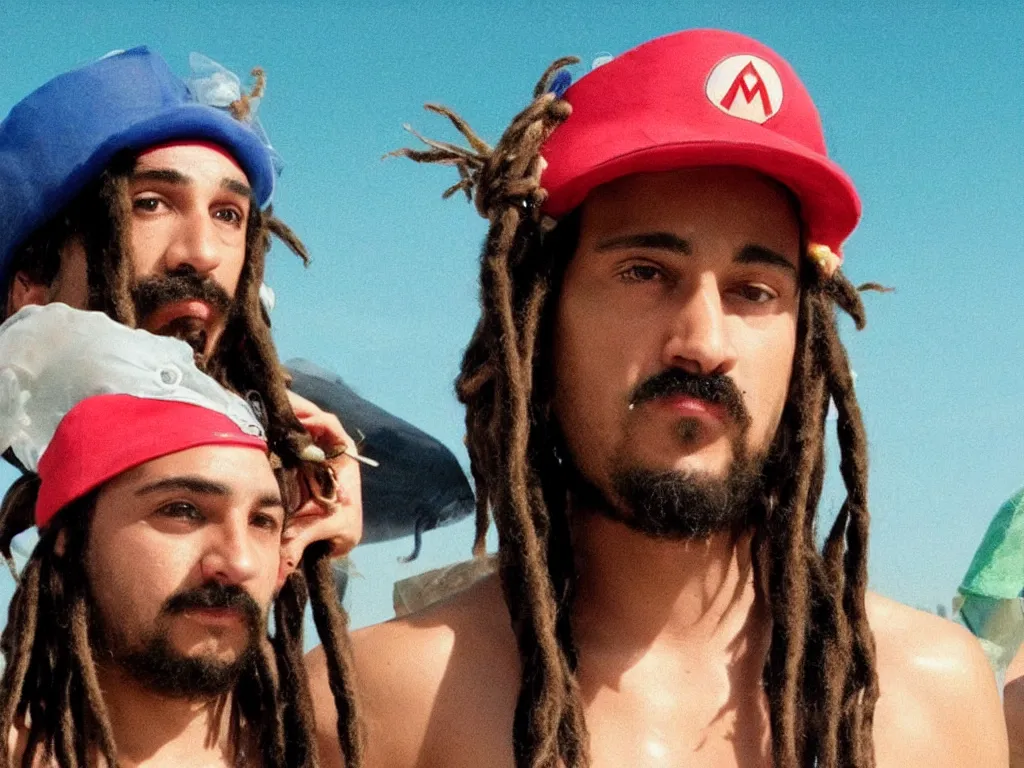 Image similar to Close up of Mario with dreads in a hat in Harmony Korine Spring Breakers film aesthetic!!! photorealistic