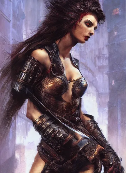 Prompt: a concept art painting of an female thief assassin wearing medieval leather armor with piercing beautiful eyes art by karol bak and mark brooks and argerm