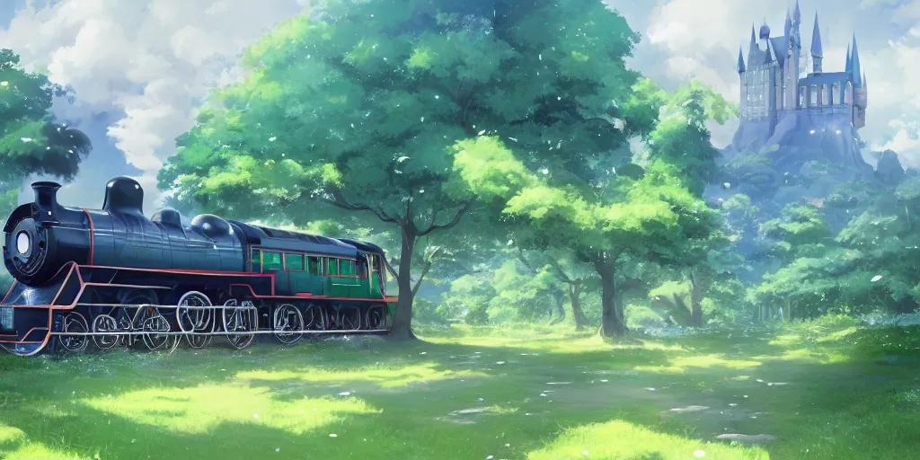 Image similar to A beautiful illustration of beautiful Hogwarts train, castle, leaves, trees, steam, magic, wide angle, by makoto shinkai, Wu daozi, very detailed, deviantart, 8k, wallpaper, tropical, colorful, airy, anime illustration, anime nature wallpap