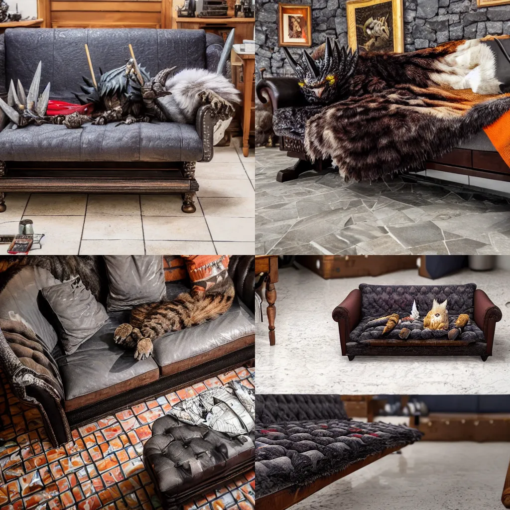 Prompt: Nergigante couch in a wet tiled stone floor living room, surrounded by palico cats and monster hunting weapons, furniture photography, 4k, DSLR camera photo