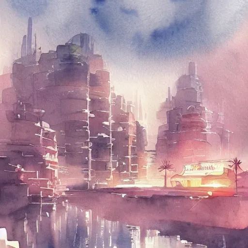 Prompt: Beautiful happy picturesque charming sci-fi city in harmony with nature. Beautiful light. Water and plants. Nice colour scheme, soft warm colour. Beautiful detailed watercolor by Lurid. (2022)
