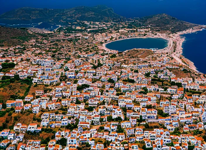 Prompt: symmetry!! a 2 8 mm macro aerial view of a beautiful seaside town in greece, photography, film, film grain, canon 5 0 mm, cinematic lighting