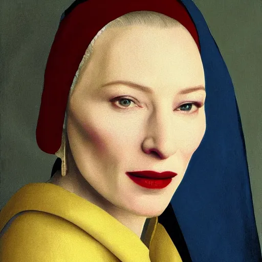 Prompt: portrait of cate blanchett , painting by Vermeer