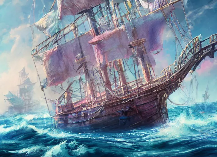 Prompt: detailed concept art illustration colorful pastel painting of a pirate ship on the ocean in full intricate sails and water, ultra detailed, digital art, octane render, 4K, dystopian, micro details