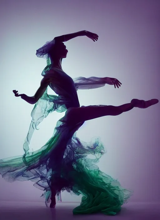 Prompt: a Photorealistic dramatic hyperrealistic render of a beautiful smoke dancer by Ken Brower and Deborah Ory of NYC Dance project,Lois Greenfield,Flowing cloth and smoke colourful acrylic ink drop art, Beautiful dynamic dramatic dark moody lighting,volumetric,shadows,cinematic atmosphere,Octane render,8K