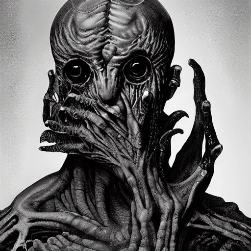 Image similar to a portrait of a creature from the beyond, body horror, by gerard brom and ansel adams