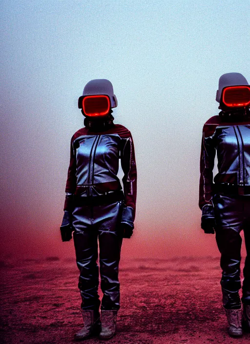 Prompt: photographic portrait shot on cinestill 5 0 d of two loving clones, techwear women on a desolate plain with a red sky, a brutalist dark metal facility in the background, dust storm, 3 5 mm, 8 k, depth of field, high resolution, ultra realistic faces