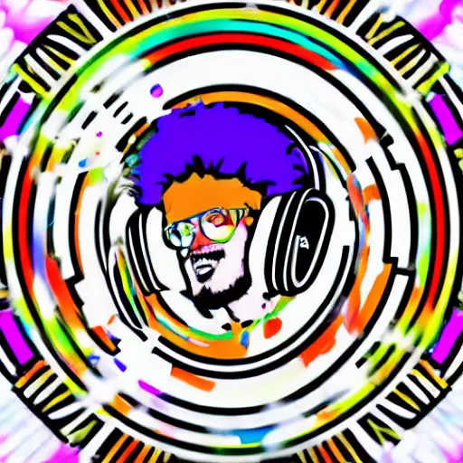 Image similar to svg sticker of a Dancing-Alex-Grey-Psychedelic-Rave-Man, at a rave, spinning records, giant headphones rocking out, wearing headphones, huge speakers, dancing, rave, DJ, spinning records, digital art, amazing composition, rule-of-thirds, award-winning, trending on artstation, featured on deviantart