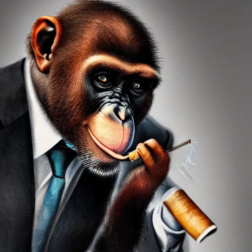 Image similar to a high detail photo of an antropomorphic chimp wearing a suit smoking a cigarrette, subject= chimp, subject detail: wearing a suit, subject action: smoking a cigar, photorealism, dramatic lighting, award winning photograph, trending on artstation