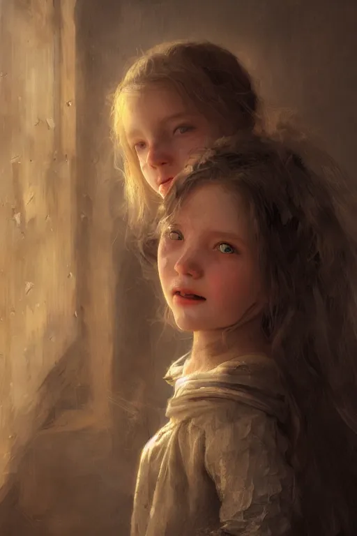 Image similar to medieval little girl, joyful, hope, dreaming, close - up portrait, intricate, elegant, volumetric lighting, scenery, digital painting, highly detailed, artstation, sharp focus, illustration, concept art, ruan jia, steve mccurry