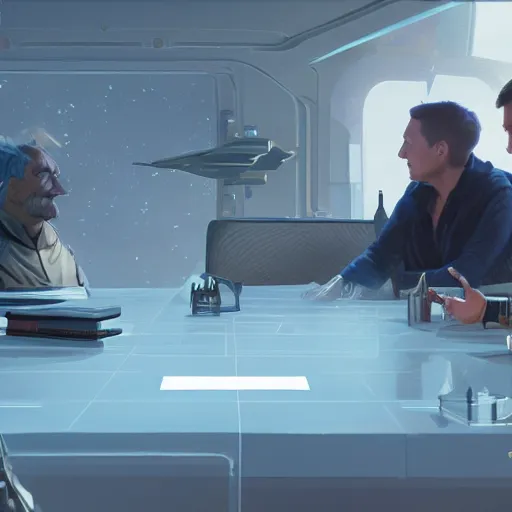 Prompt: Illustration meeting between Elon Musk, Jeff Bezos and Mark Zuckenberg to create the great simulation by Greg Rutkowski and James Gilleard, cgs society, unreal engine, 8k