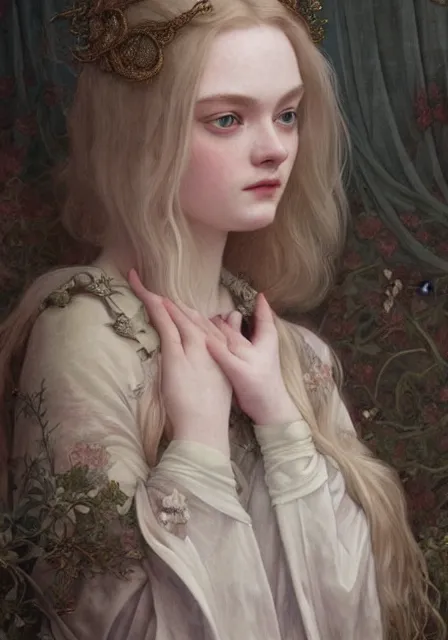 Image similar to sansa elle fanning, intricate, elegant, highly detailed, digital painting, artstation, concept art, smooth, sharp focus, illustration, art by artgerm and greg rutkowski and alphonse mucha and william - adolphe bouguereau