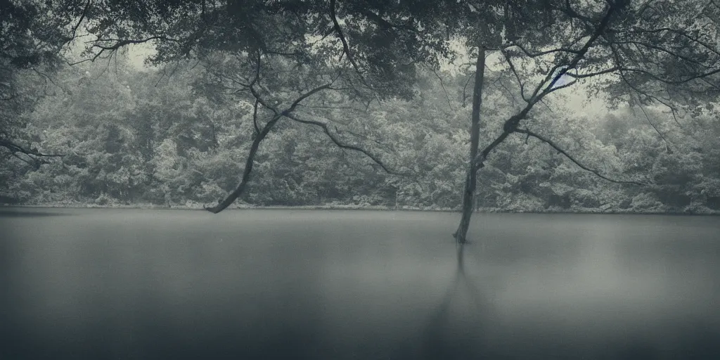 Image similar to centered photograph of a long rope zig zagging across the surface of the water, floating submerged rope stretching out towards the center of the lake, a dark lake on a cloudy day, color film, trees in the background, hyperedetailed photo, moody volumetric, anamorphic lens