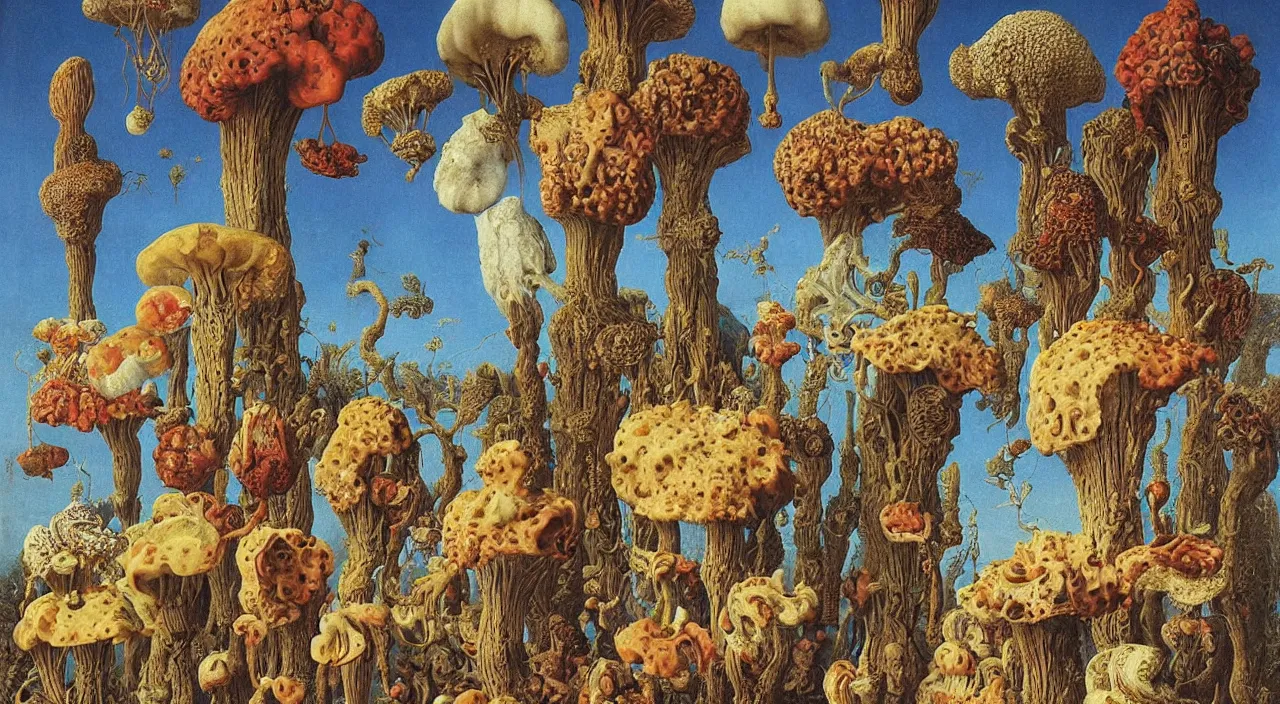 Image similar to a single colorful! ( lovecraftian ) fungus tower white! clear empty sky, a high contrast!! ultradetailed photorealistic painting by jan van eyck, audubon, rene magritte, agnes pelton, max ernst, walton ford, andreas achenbach, ernst haeckel, hard lighting, masterpiece