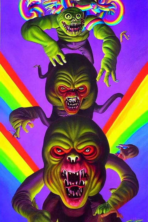 Prompt: a hyperrealistic painting of a boss fight against evil rainbow bright, cinematic horror by chris cunningham, lisa frank, richard corben, highly detailed, vivid color,