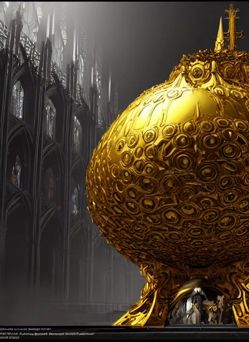 Image similar to Giant golden ornate egg in the middle of a cathedral. In style of Yoji Shinkawa and Hyung-tae Kim, trending on ArtStation, dark fantasy, great composition, concept art, highly detailed, dynamic pose.