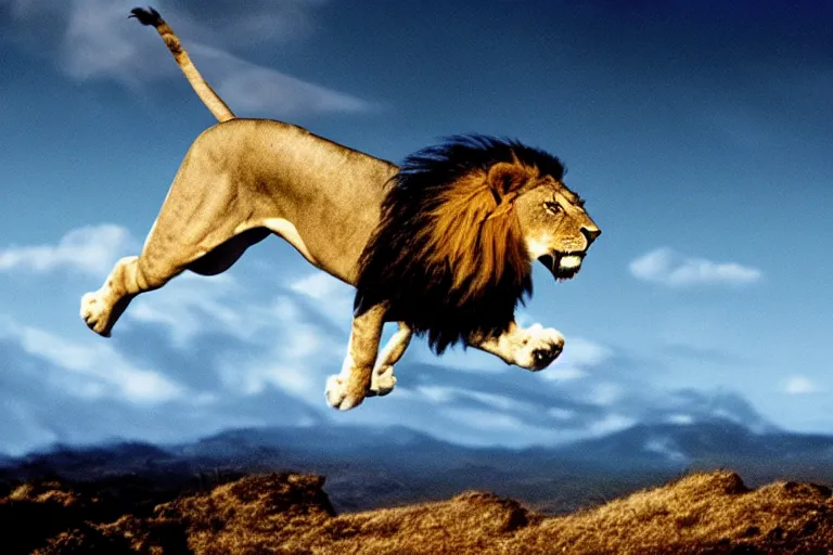 Image similar to cinematic shot of a lion flying in the sky, Steven King movie adaptation