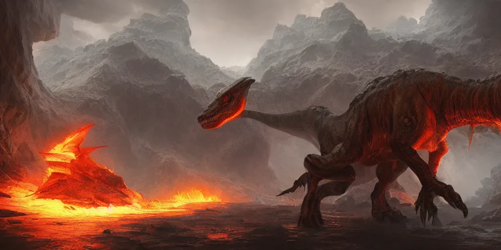 Prompt: a dinosaur in a large magma cavern boss battle fantasy artwork epic detailed and intricate digital painting trending on artstation by wlop octane render