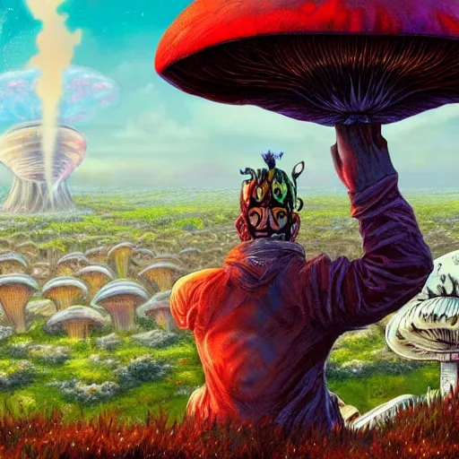 Image similar to A centered chest up portrait of a psychedelic godlike atlas mothman smoking a hand-rolled cigarette smoking heavily , magic mushroom village in background , award winning. superb resolution. in the art style of junji Ito and greg rutkowski . Detailed Mushroom city in background. Hyper realistic anime. Perfect art. Dalle2