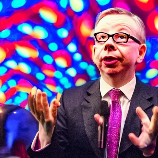 Prompt: A photo of Michael Gove on a magic mushroom trip at the club, disco lights, psychedelic, bokeh