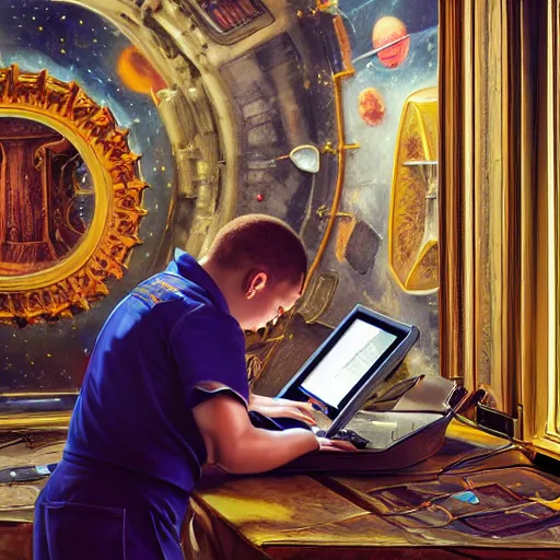 Image similar to an astronaut working on a laptop in an old ornate art gallery. photorealistic. highly detailed.