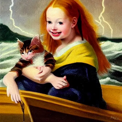 Image similar to oil painting of a young freckled redhead pigtailed girl smiling and holding a scared kitten in a boat, in rough seas with large waves, dark clouds and lightning, depicted for a children\'s book, in the style of frank frazetta and vermeer