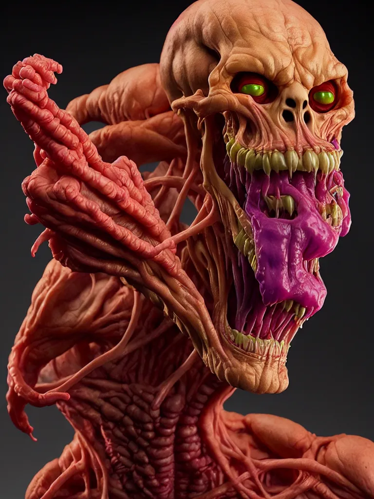 Image similar to hyperrealistic rendering, fat smooth cronenberg flesh monster skeletor by donato giancola and greg rutkowski and wayne barlow and zdzisław beksinski, product photography, action figure, sofubi, studio lighting, colored gels