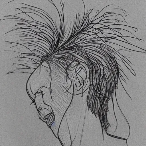 Image similar to highly detailed pencil sketch of a person's head cracking open on the top, lots of long strings grow out of it. the person seems happy