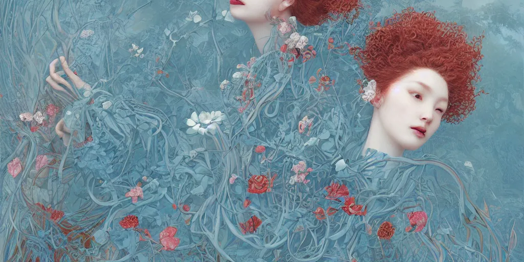 Image similar to breathtaking detailed concept art painting blend of few red curly hair goddesses of light blue flowers by hsiao - ron cheng with anxious piercing eyes, vintage illustration pattern with bizarre compositions blend of flowers and fruits and birds by beto val and john james audubon, exquisite detail, extremely moody lighting, 8 k