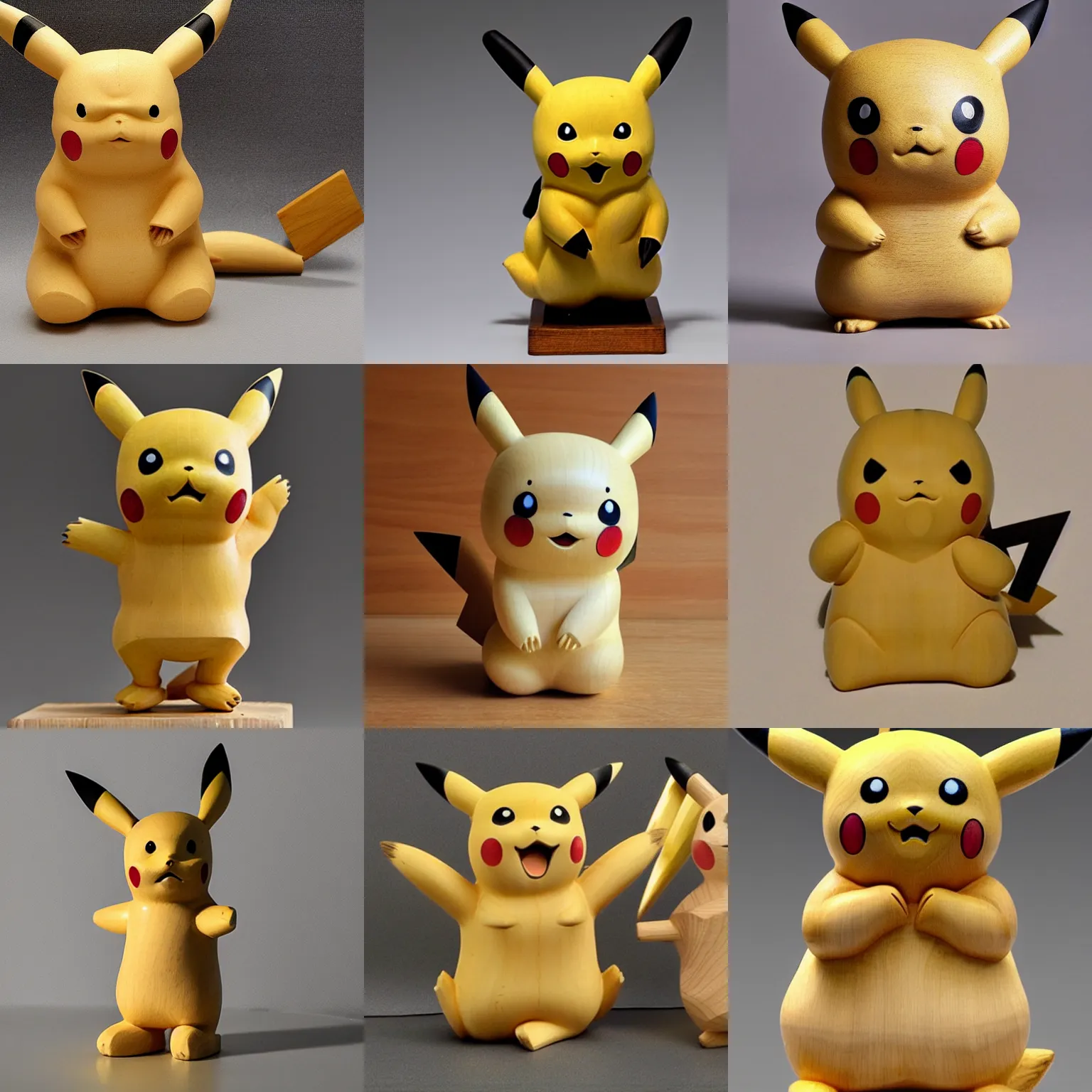 Prompt: wooden sculpture of pikachu, polished maple, thoughtful, elegant, real