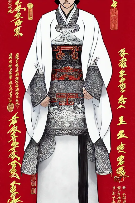 Prompt: a highly detailed epic character design of ancient chinese hansome young emperor, crown wearing white imperial robe strong, full body, background is ancient chinese architecture ， clouds, by chen uen, yoji shinkawa 8 k