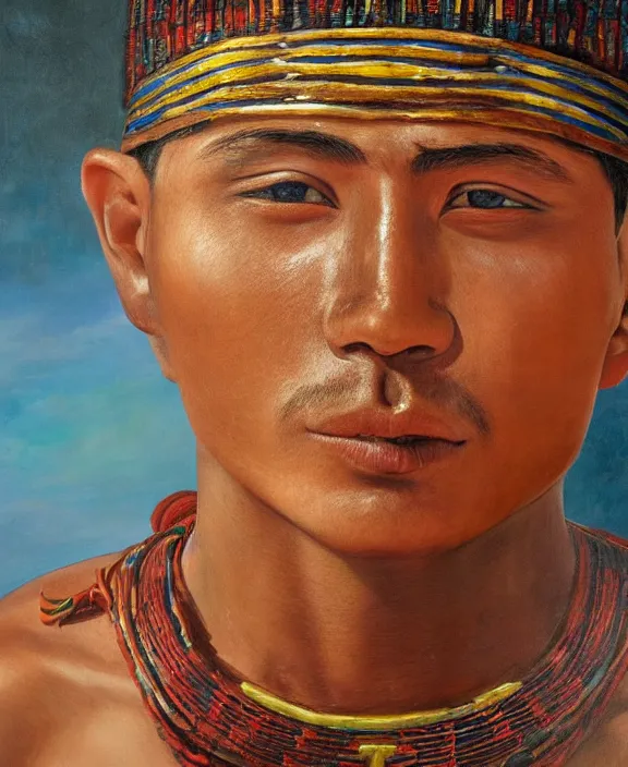 Image similar to portrait of a handsome young mayan warrior in yucatan, art by denys tsiperko and franz xaver kosler and bogdan rezunenko, hyperrealism