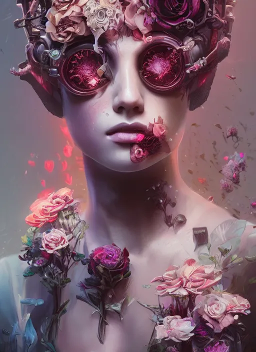 Image similar to portrait of a seductive female with flowers, cyberpunk cyborg. roses, muted colors, sci fi, intricate abstract upper body intricate artwork, by tooth wu, wlop, beeple, dan mumford. concept art, octane render, deviantart, greg rutkowski, cinematic arthouse, key art, hyper realism