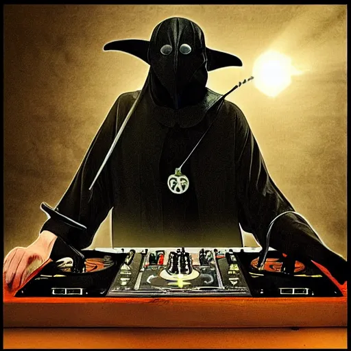 Prompt: the plague doctor on the dj decks