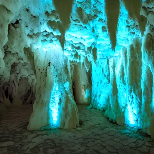 Image similar to glowing bioluminescent blue goo growing on the walls and ceiling of a dark cave, 8k ultra hd,